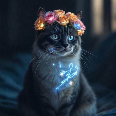 The primary subject of the image is a cat wearing a flower crown on its head. The cat is sitting on a bed, which serves as the setting and background of the scene. The visual style of the image is a combination of photo and digital art, creating a unique and eye-catching representation of the cat. The dominant colors in the image are blue and pink, giving the scene a calm and playful atmosphere.
